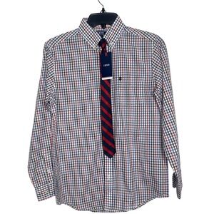 Izod Boys Long Sleeve Button Down Plaid Shirt With Tie Size 16 Regular NWT